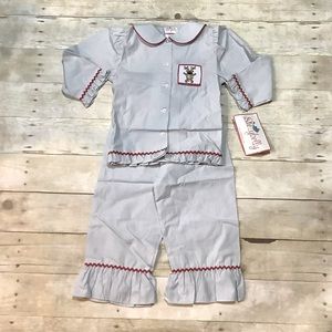 NWT Stellybelly Smocked Blue/White Gingham Ruffle Pajama w/Reindeer - 4T